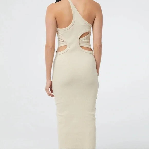 The Line by K Gael Asymmetrical One Shoulder Ribbed Maxi Dress in Oat Tan M  Maxi